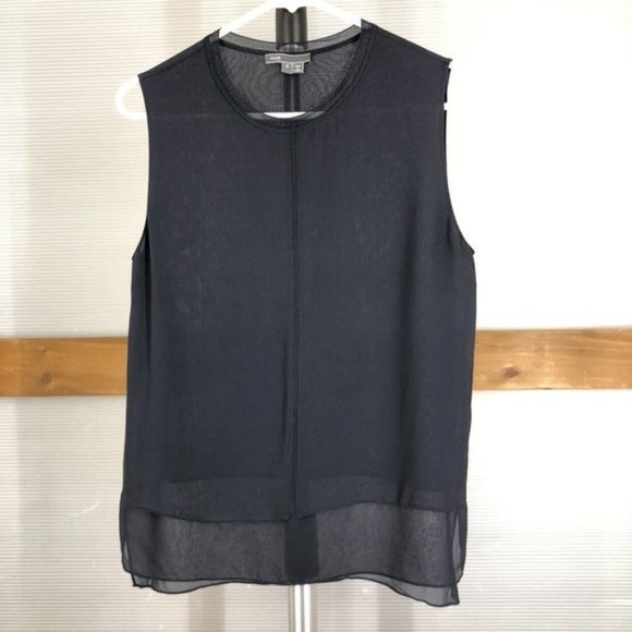 Vince Tops - VINCE 100% Silk Navy Blue Sleeveless Tiered Lightly Sheer Blouse Sz S